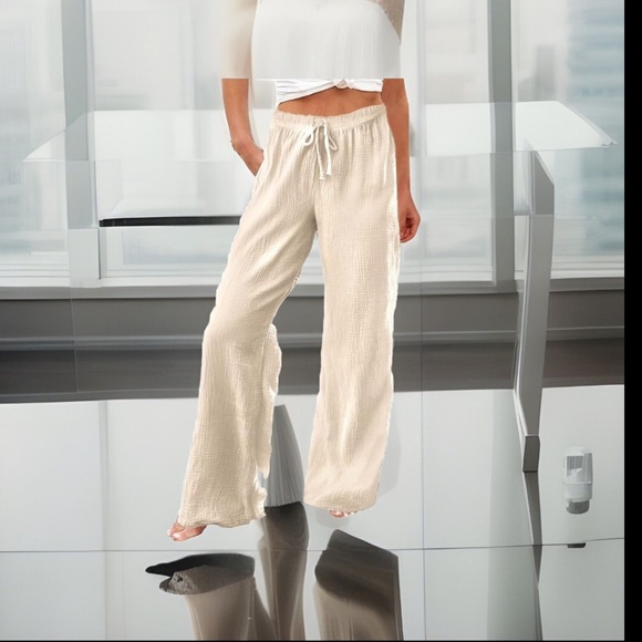 Linen Drawstring High Waisted Casual Loose Fit Wide Leg Stretchy Long Leg Pants - Picture 9 of 15